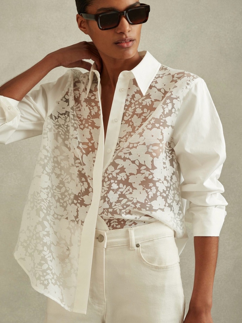 New Reiss Delaney Cotton Burnout Floral Shirt in Ivory Sz 2